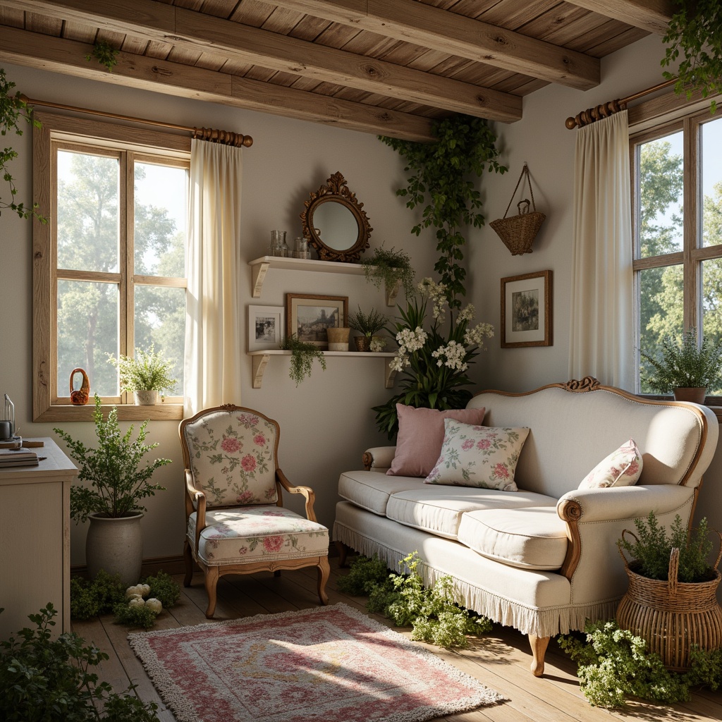 Prompt: Whimsical vintage cottage, distressed wooden accents, soft feminine colors, pastel hues, creamy whites, warm beiges, pale blues, mauve undertones, rustic metal fixtures, antique furniture pieces, lace trimmings, ruffled fabrics, floral patterns, natural textures, weathered stone walls, overgrown gardens, misty morning light, warm golden lighting, shallow depth of field, 2/3 composition, intimate close-up shots, realistic wear and tear effects.