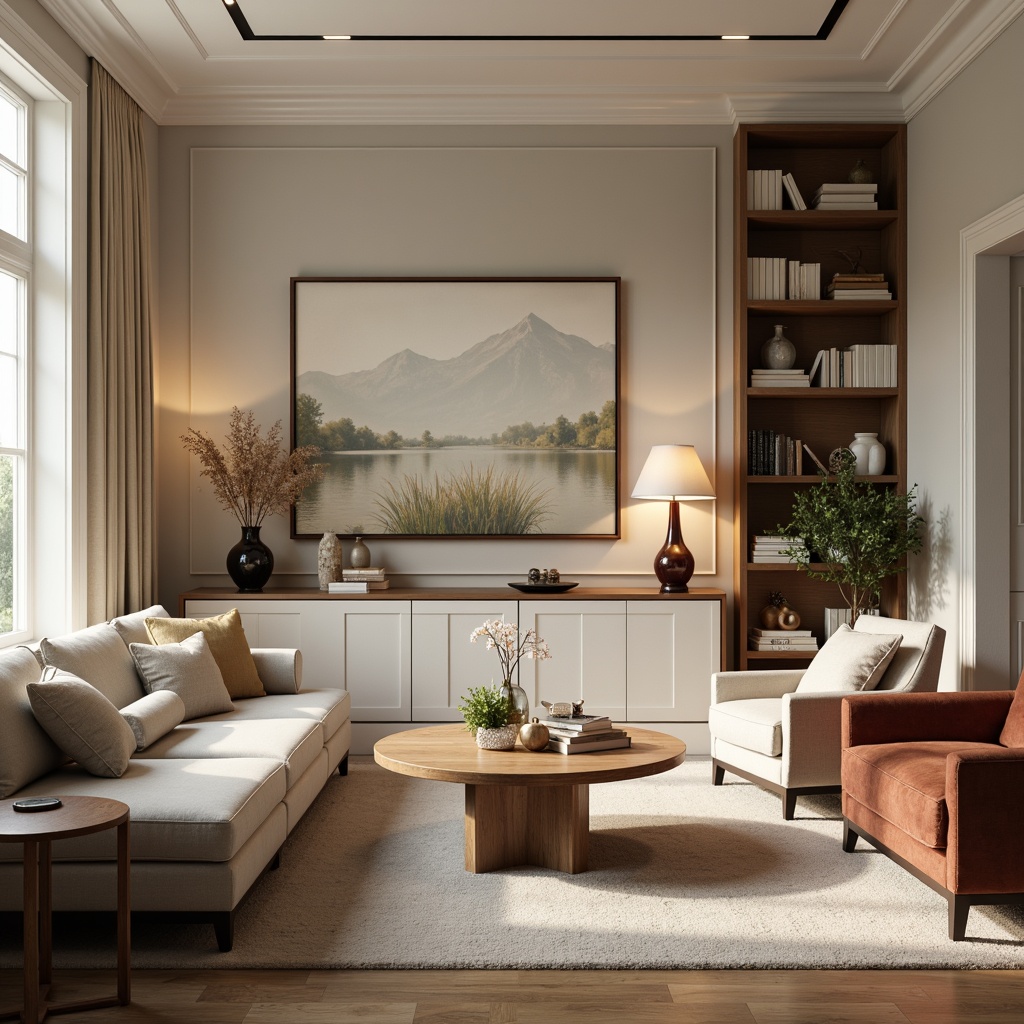 Prompt: Cozy living room, plush sofas, velvet armchairs, wooden coffee tables, minimalist decor, soft pastel colors, natural fabrics, comfortable pillows, warm floor lamps, modern bookshelves, elegant vases, fresh flowers, subtle scents, relaxed ambiance, harmonious layout, 1/2 composition, warm soft lighting, shallow depth of field.