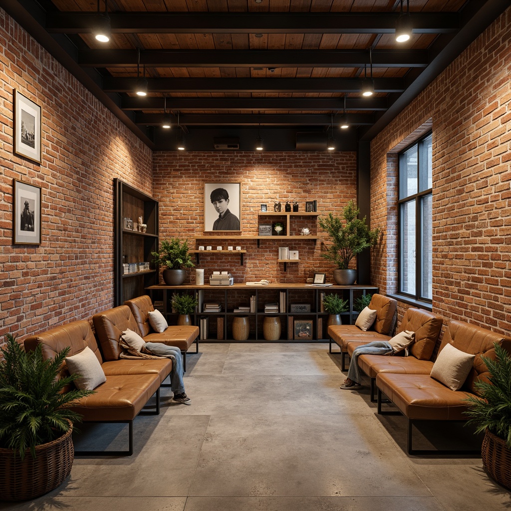 Prompt: Exposed brick walls, industrial-style lighting fixtures, metal beams, reclaimed wood accents, comfortable bench seating, plush cushions, distressed leather upholstery, rustic metal frames, vintage decorative items, earthy color palette, natural textiles, woven baskets, potted plants, concrete flooring, modern minimalist decor, cozy reading nooks, warm ambient lighting, shallow depth of field, 1/2 composition, realistic textures, subtle grain effect.