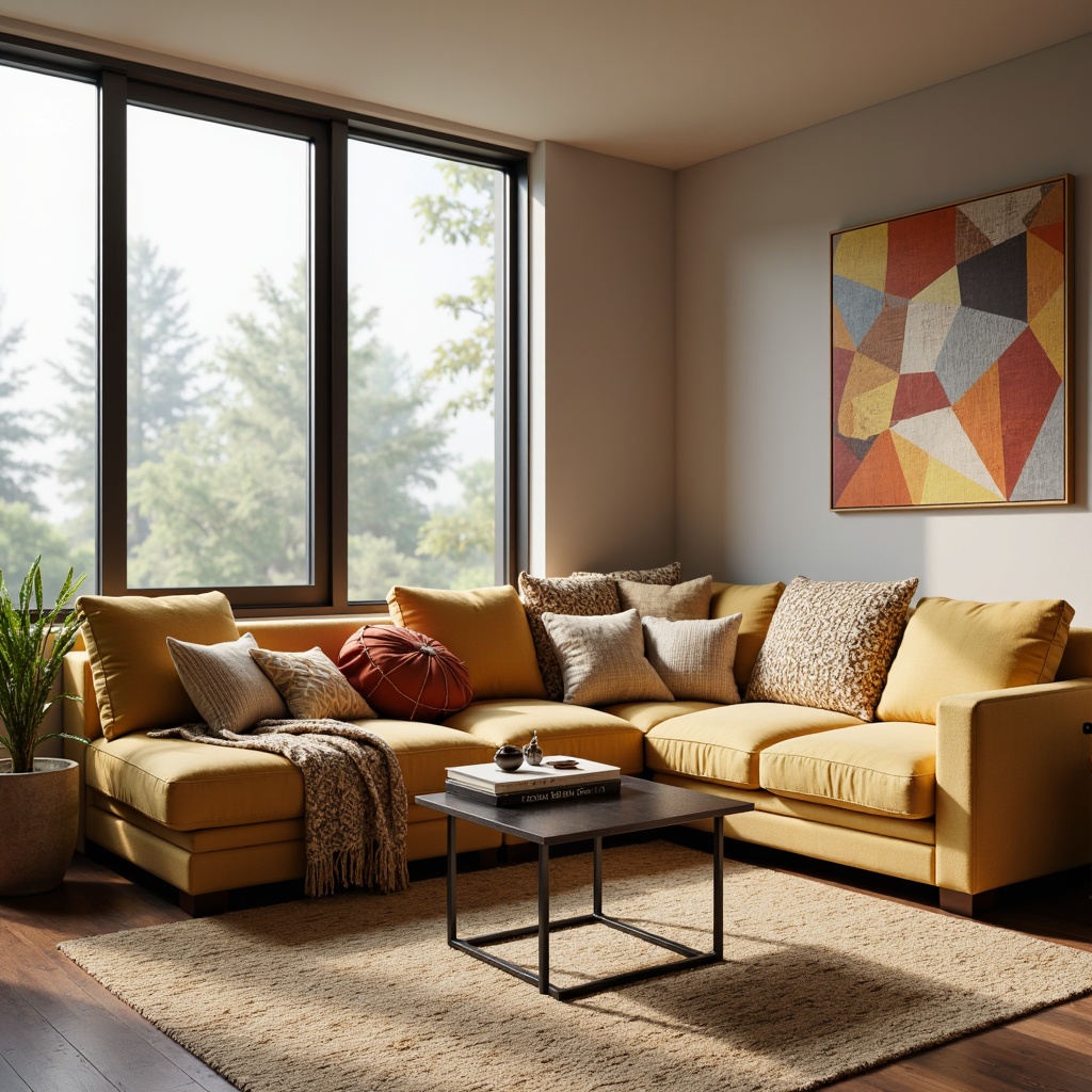 Prompt: Cozy living room, plush throw pillows, soft velvet sofas, warm beige carpets, modern minimalist coffee table, sleek metal legs, glass top surface, abstract artwork, floor-to-ceiling windows, natural daylight, calming atmosphere, ambient lighting, shallow depth of field, 3/4 composition, realistic textures, vibrant colorful textiles, intricate geometric motifs, luxurious fabrics, comfortable upholstery, soft pastel hues, warm earthy tones.