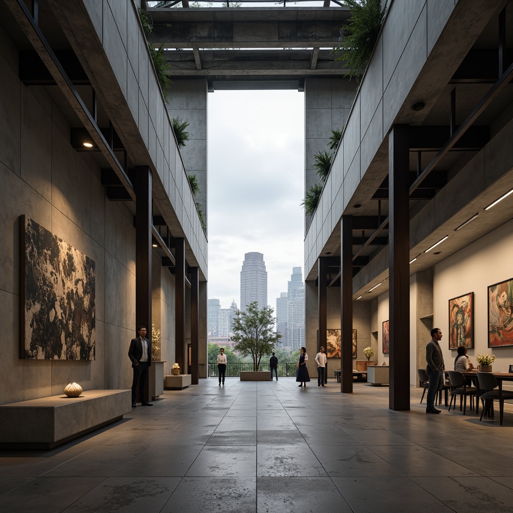 Prompt: Exposed concrete walls, brutalist architecture, industrial-style lighting fixtures, raw metal beams, dramatic shadow play, high ceilings, grand atrium, natural stone floors, minimalist decor, abstract art installations, urban cityscape views, cloudy grey sky, soft diffused lighting, warm color temperature, low-key ambiance, cinematic mood, symmetrical composition, strong leading lines, brutalist-inspired textures, ambient occlusion.