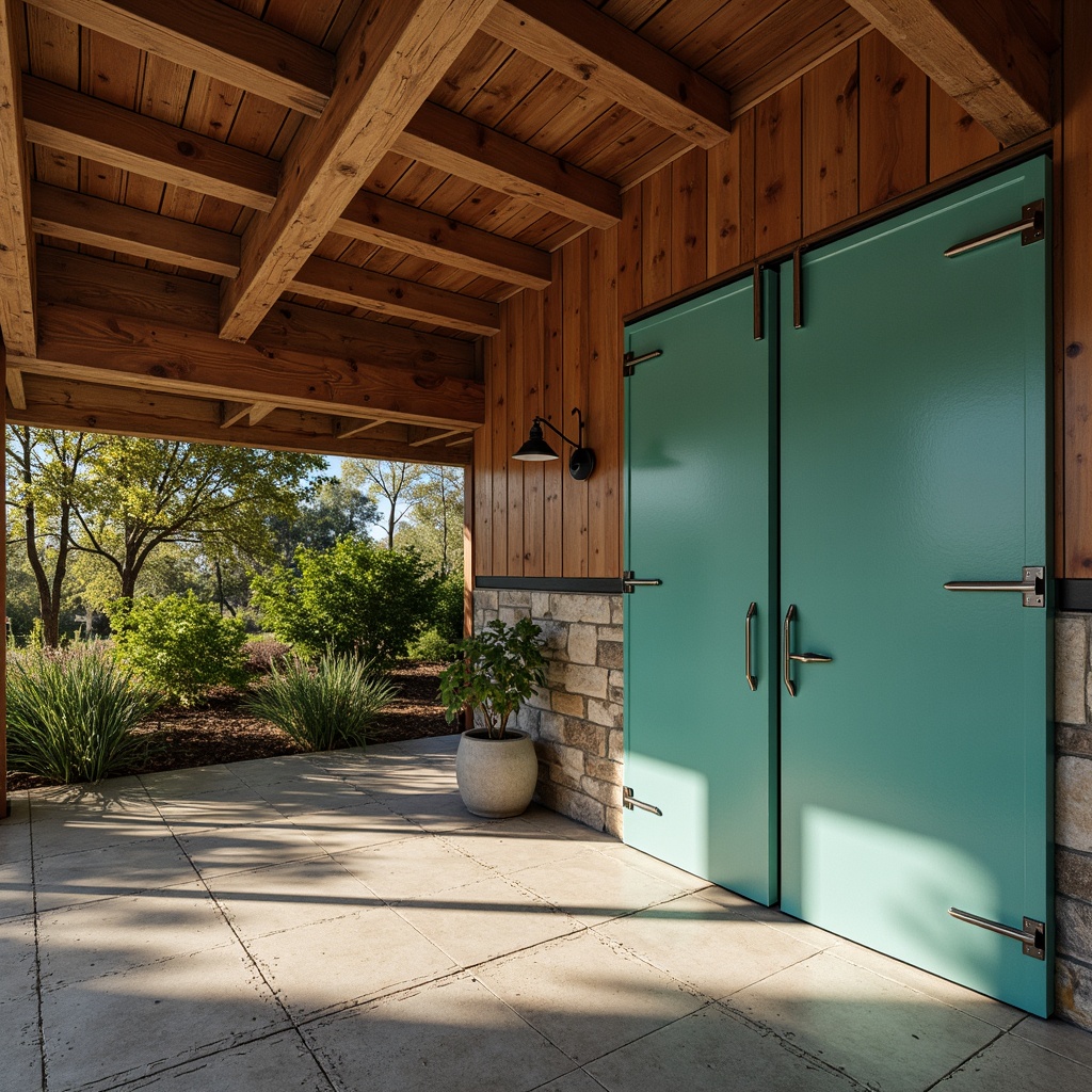 Prompt: Retro-inspired mid-century modern garage, warm earthy tones, rich walnut wood accents, bold turquoise metal doors, sleek chrome hardware, vintage industrial lighting fixtures, distressed concrete floors, exposed wooden beams, natural stone walls, lush greenery, sunny day, soft warm lighting, shallow depth of field, 3/4 composition, realistic textures, ambient occlusion.