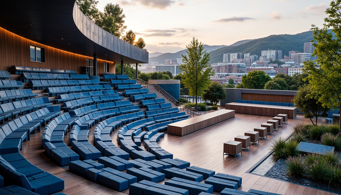 Prompt: Curved amphitheater, streamlined modern design, gradient blue seating, sleek metallic railings, polished wood floors, minimalist decorative elements, subtle ambient lighting, gentle slope arrangement, optimal crowd visibility, unobstructed stage view, ergonomic chair design, vibrant color accents, geometric patterned carpets, tiered seating levels, panoramic cityscape backdrop, warm afternoon sunlight, soft shadowing, 1/1 composition, realistic reflections, atmospheric depth of field.