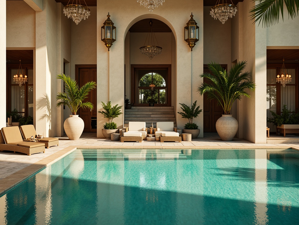 Prompt: Luxurious Art Deco pool, ornate bronze lanterns, crystal chandeliers, elegant sconces, geometric patterned tiles, turquoise water, sunny day, warm golden lighting, dramatic shadows, shallow depth of field, 1/2 composition, symmetrical reflection, realistic textures, ambient occlusion.