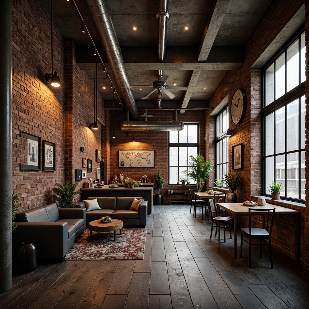 Prompt: Industrial-chic interior, exposed brick walls, metal accents, reclaimed wood floors, distressed concrete ceilings, vintage factory lights, industrial-style furniture, metallic color palette, warm ambient lighting, shallow depth of field, 1/2 composition, moody atmosphere, realistic textures, subtle reflections.