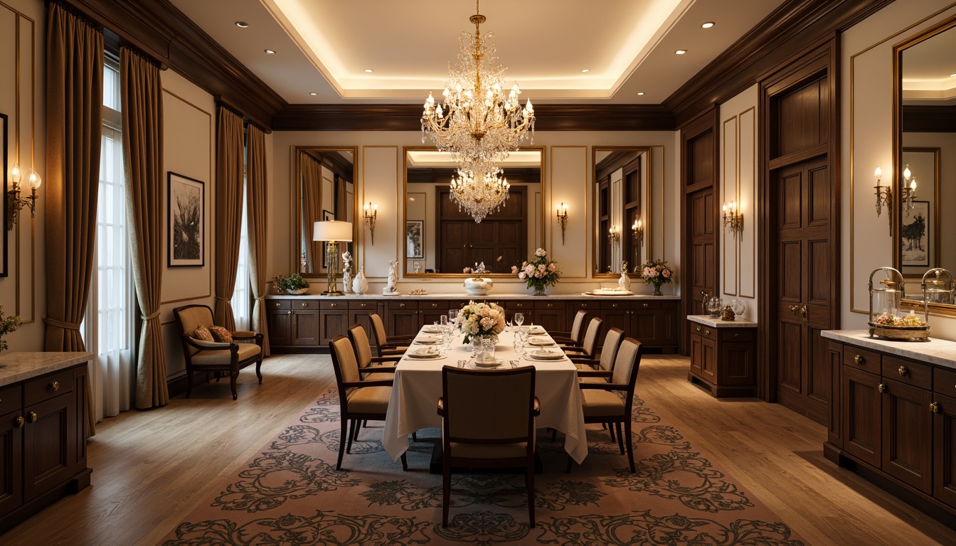 Prompt: Elegant dining room, luxurious chandelier, ornate mirrors, rich wood flooring, velvet drapes, sophisticated furniture, carved wooden accents, golden hardware, marble countertops, crystal glassware, fine china, soft candlelight, warm beige tones, cozy ambiance, 1/1 composition, shallow depth of field, realistic textures.