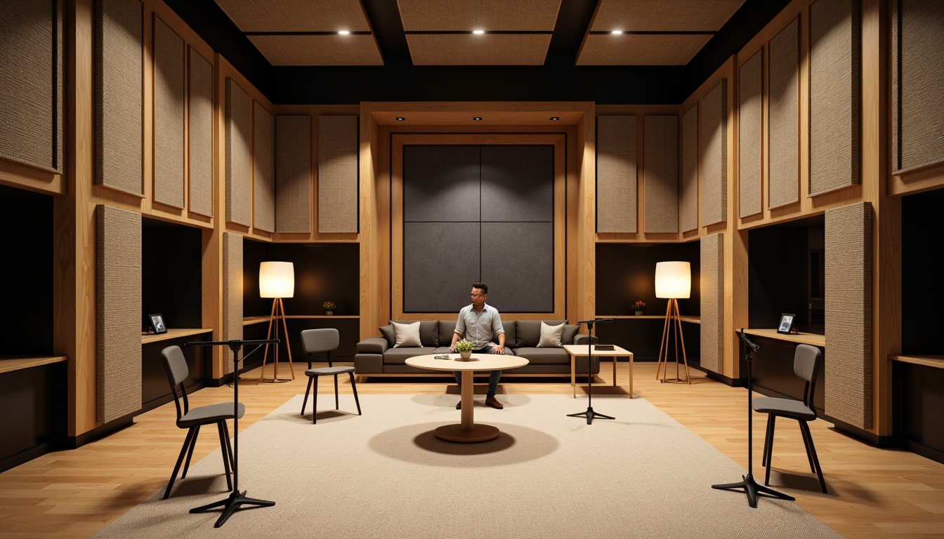 Prompt: Soundproof recording studio, acoustic panels, woven fabric surfaces, wooden frames, professional audio equipment, microphones, soundboards, standing lamps, dimmable lighting, minimal decor, neutral color scheme, sound-absorbing materials, optimal reverberation time, 1/1 composition, softbox lighting, realistic textures, ambient occlusion.