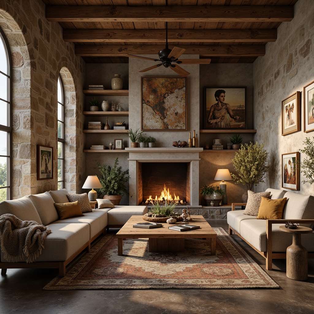 Prompt: Distressed wood furniture, vintage metal decorations, earthy tone color palette, natural stone walls, woven textiles, reclaimed lumber accents, cozy candle lighting, rustic wooden beams, antique artifacts, warm neutral tones, organic shapes, nature-inspired patterns, soft warm glow, shallow depth of field, 1/2 composition, atmospheric perspective.