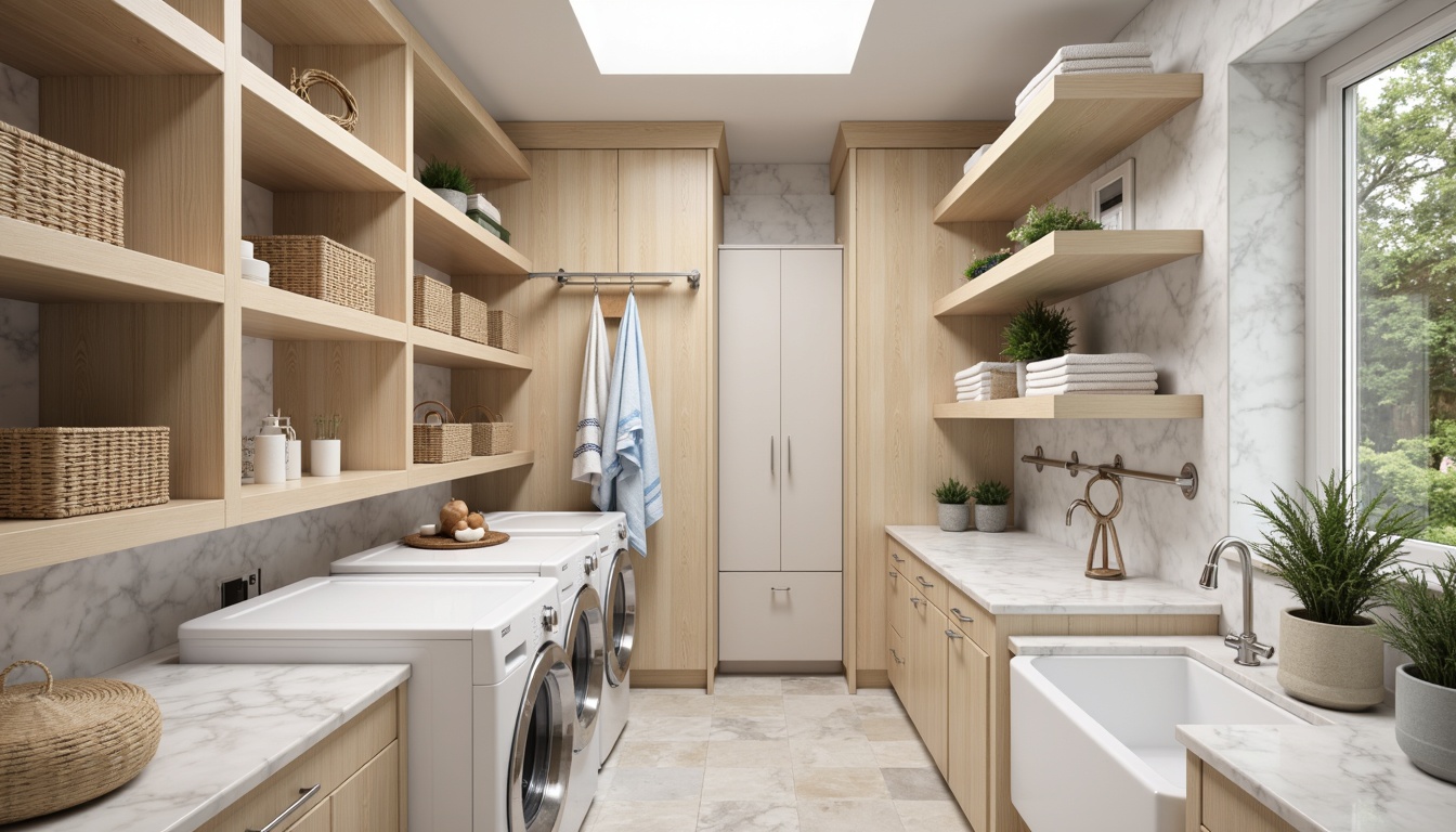 Prompt: Elegant laundry room, soft pastel colors, marble countertops, chrome fixtures, wooden cabinets, woven baskets, modern appliances, sleek shelving units, recessed lighting, natural stone flooring, minimalist decor, ample storage solutions, hanging rods, foldable ironing boards, hidden laundry sorters, pull-out drying racks, built-in folding tables, slide-out bins, adjustable shelves, customizable cabinetry, soft-close drawers, LED under-cabinet lighting, panoramic view, shallow depth of field, 1/1 composition, realistic textures, ambient occlusion.