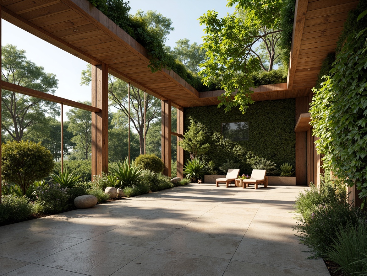 Prompt: Organic modern villa, lush green roof, living walls, reclaimed wood accents, natural stone floors, large windows, sliding glass doors, biophilic design, indoor botanical garden, wooden beam ceiling, earthy color palette, warm soft lighting, shallow depth of field, 1/1 composition, realistic textures, ambient occlusion.