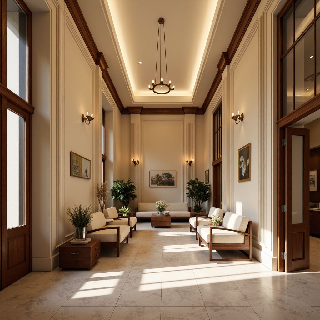 Prompt: Elegant clinic interior, classicism style, ornate moldings, polished wooden furniture, soft warm beige tones, subtle texture contrasts, refined architectural details, symmetrical compositions, luxurious fabrics, rich wood accents, sophisticated color palette, gentle diffused lighting, warm LED illumination, indirect cove lighting, decorative sconces, elegant pendant fixtures, subtle shadowing, ambient atmosphere, realistic material reflections, shallow depth of field, 1/2 composition, intimate camera angle.