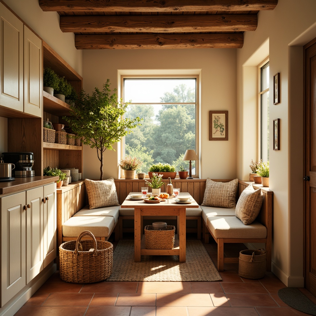 Prompt: Cozy breakfast nook, warm natural light, soft golden tones, rustic wooden accents, cream-colored cabinets, earthy terracotta tiles, plush cushions, woven baskets, lush greenery, blooming flowers, sunny morning, gentle warm glow, shallow depth of field, 1/1 composition, inviting atmosphere, realistic textures.