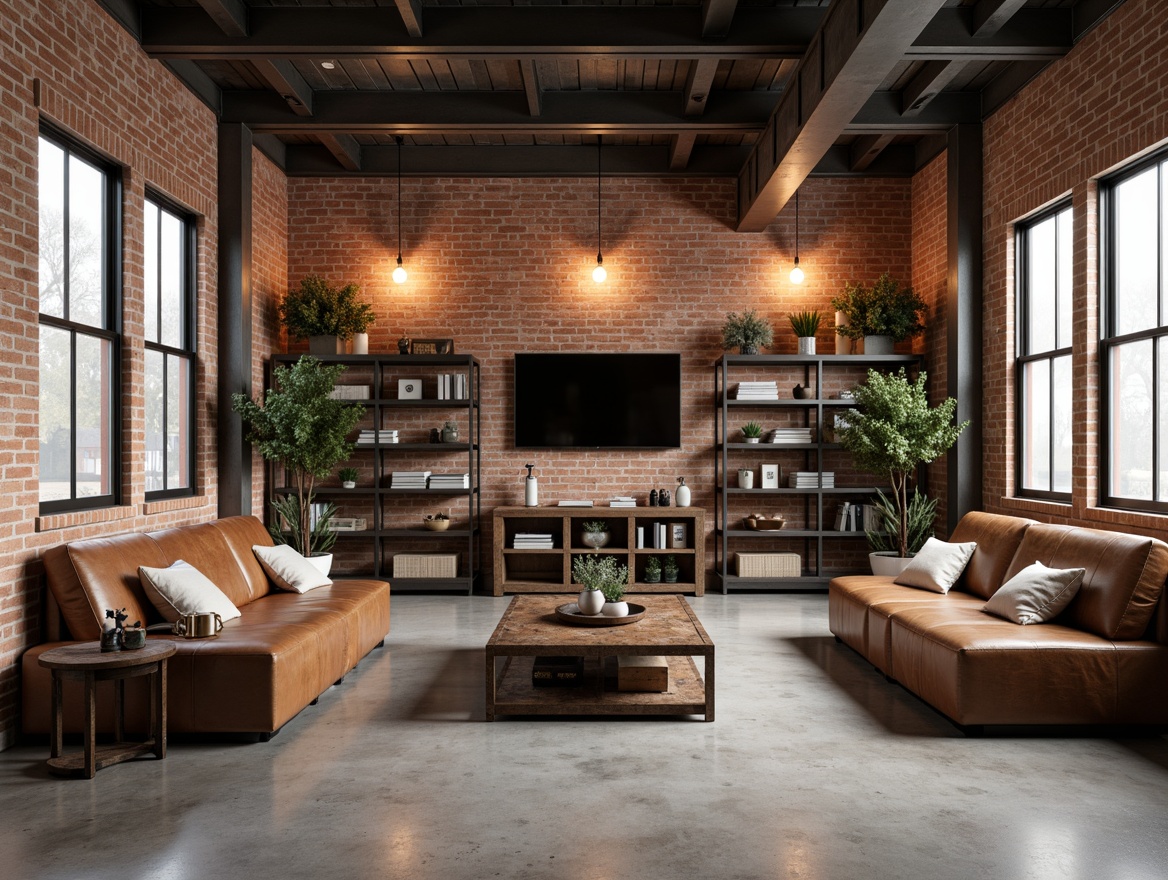 Prompt: Exposed brick walls, metal beams, reclaimed wood accents, vintage factory lights, distressed leather sofas, rusty metal coffee tables, industrial-style shelving units, concrete floors, Edison bulbs, minimalist decor, functional simplicity, neutral color palette, urban loft atmosphere, natural textiles, raw wood tones, ornate metal fixtures, modern industrial chic.