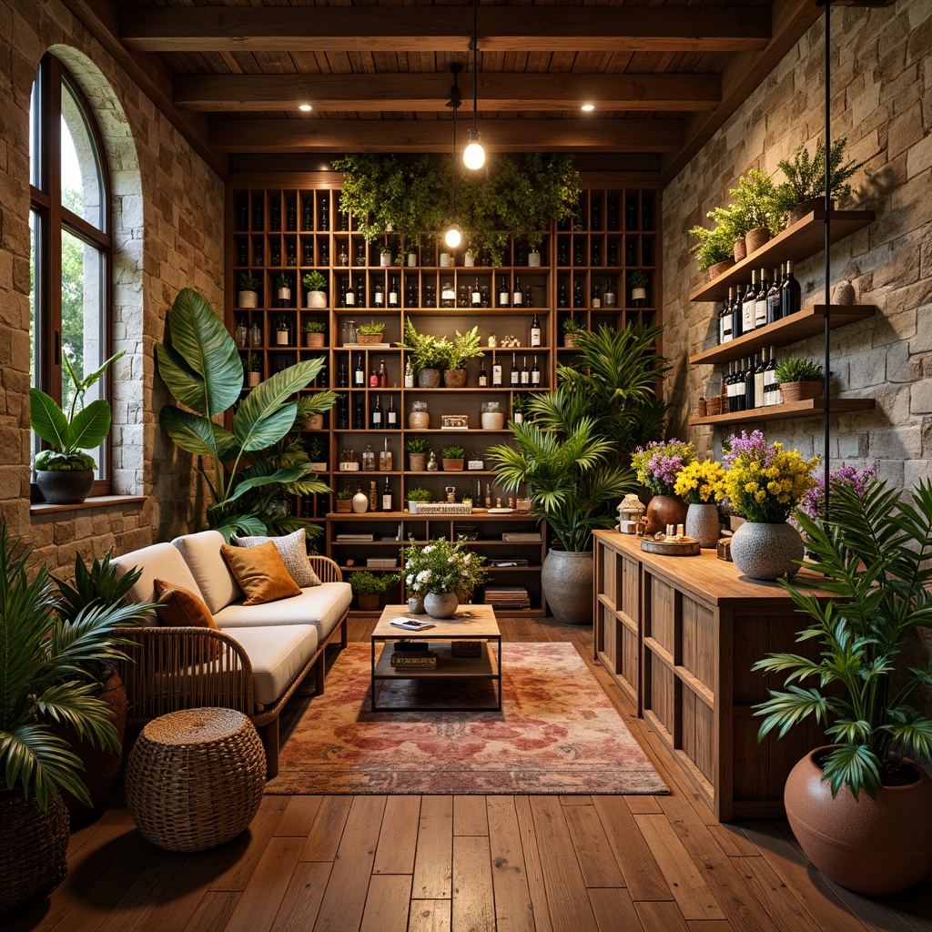 Prompt: Tropical wine cellar, reclaimed wood shelving, natural stone walls, exotic hardwood flooring, warm ambient lighting, lush greenery, vibrant floral arrangements, woven rattan furniture, nautical rope accents, distressed metal decor, rustic wooden crates, terracotta planters, earthy tone color palette, soft warm glow, shallow depth of field, 1/1 composition, realistic textures, ambient occlusion.