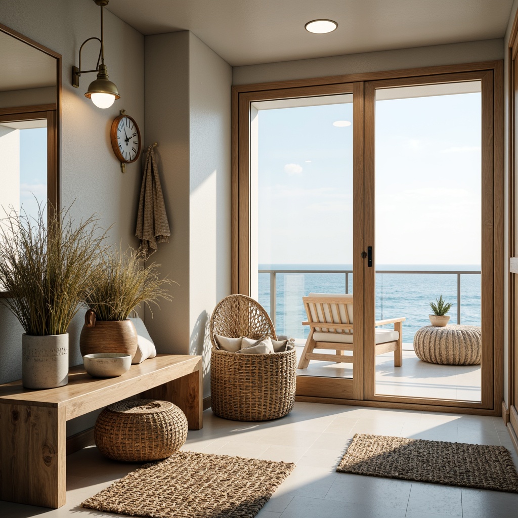 Prompt: Coastal mudroom, natural textures, driftwood accents, woven sea grass baskets, calming ocean hues, soft warm lighting, table lamps with nautical ropes, pendant lights with glass shades, rustic wooden benches, woven jute rugs, large windows with ocean views, sliding glass doors, beachy vibes, sunny day, shallow depth of field, 1/1 composition, realistic textures, ambient occlusion.Please let me know if this meets your requirements!