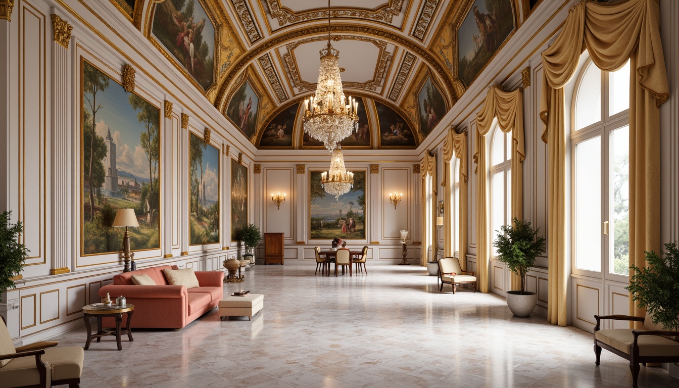 Prompt: Luxurious interior, ornate frescoes, pastel colors, soft warm lighting, gilded frames, intricate stucco work, curved lines, ornamental details, lavish decorations, grandiose chandeliers, marble floors, velvet drapes, aristocratic atmosphere, 18th-century European style, opulent furnishings, delicate patterns, subtle color transitions, shallow depth of field, 1/1 composition, realistic textures, ambient occlusion.