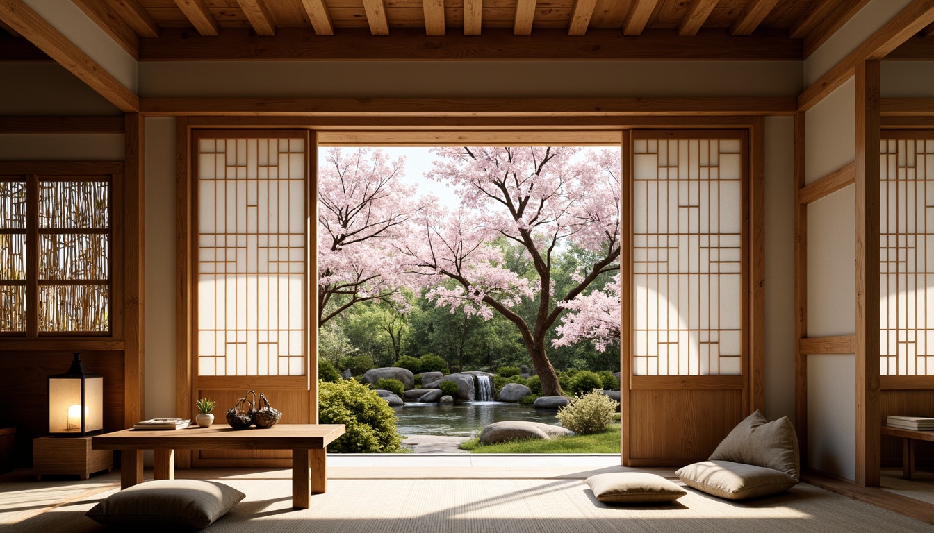 Prompt: Serene Japanese shoji screens, natural wood accents, delicate cherry blossom patterns, soft warm lighting, traditional tatami mats, minimal ornamentation, subtle paper lanterns, gentle water features, moss-covered stone walls, bamboo fencing, intricately carved wooden panels, sliding screen doors, rice paper textures, earthy tone color palette, 1/1 composition, shallow depth of field, realistic wood grain details.