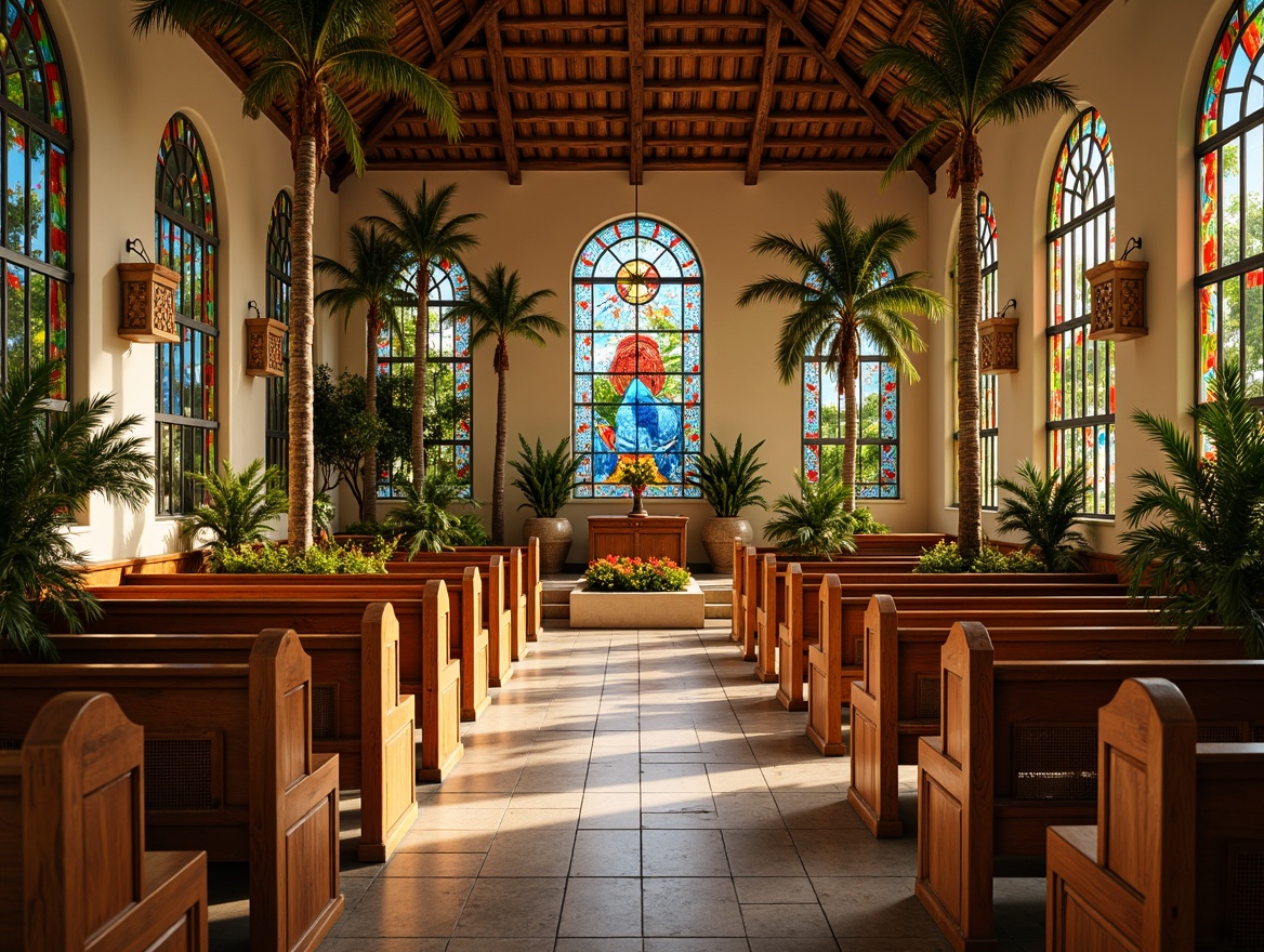 Prompt: Vibrant tropical church interior, wooden pews with carvings, palm tree-inspired columns, colorful stained glass windows, natural stone flooring, woven rattan furniture, exotic wood accents, bright floral patterns, soft warm lighting, shallow depth of field, 1/1 composition, realistic textures, ambient occlusion.