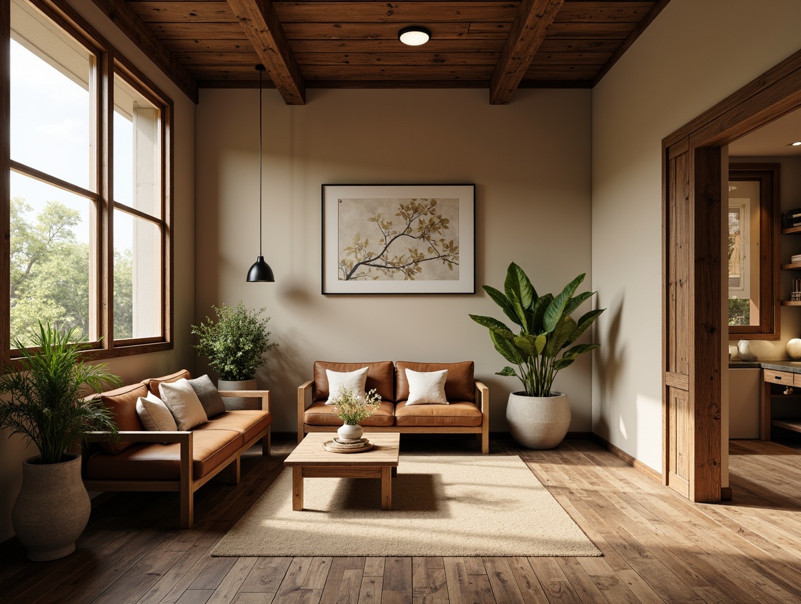 Prompt: Earth-toned wooden accents, warm beige walls, rich walnut furniture, soft sage greenery, vintage metal fixtures, distressed leather upholstery, natural woven textiles, reclaimed wood floors, industrial-chic decor, modern minimalist lines, creamy whites, warm golden lighting, shallow depth of field, 2/3 composition, realistic wood grain textures, ambient occlusion.