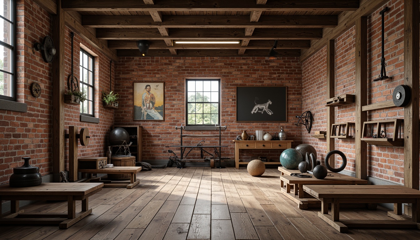 Prompt: Rustic home gym, reclaimed wood flooring, exposed brick walls, distressed metal beams, vintage sports equipment, antique dumbbells, wooden workout benches, rustic rope climbing frames, old-school weightlifting platforms, natural stone accents, earthy color palette, warm cozy lighting, shallow depth of field, 1/1 composition, realistic textures, ambient occlusion.