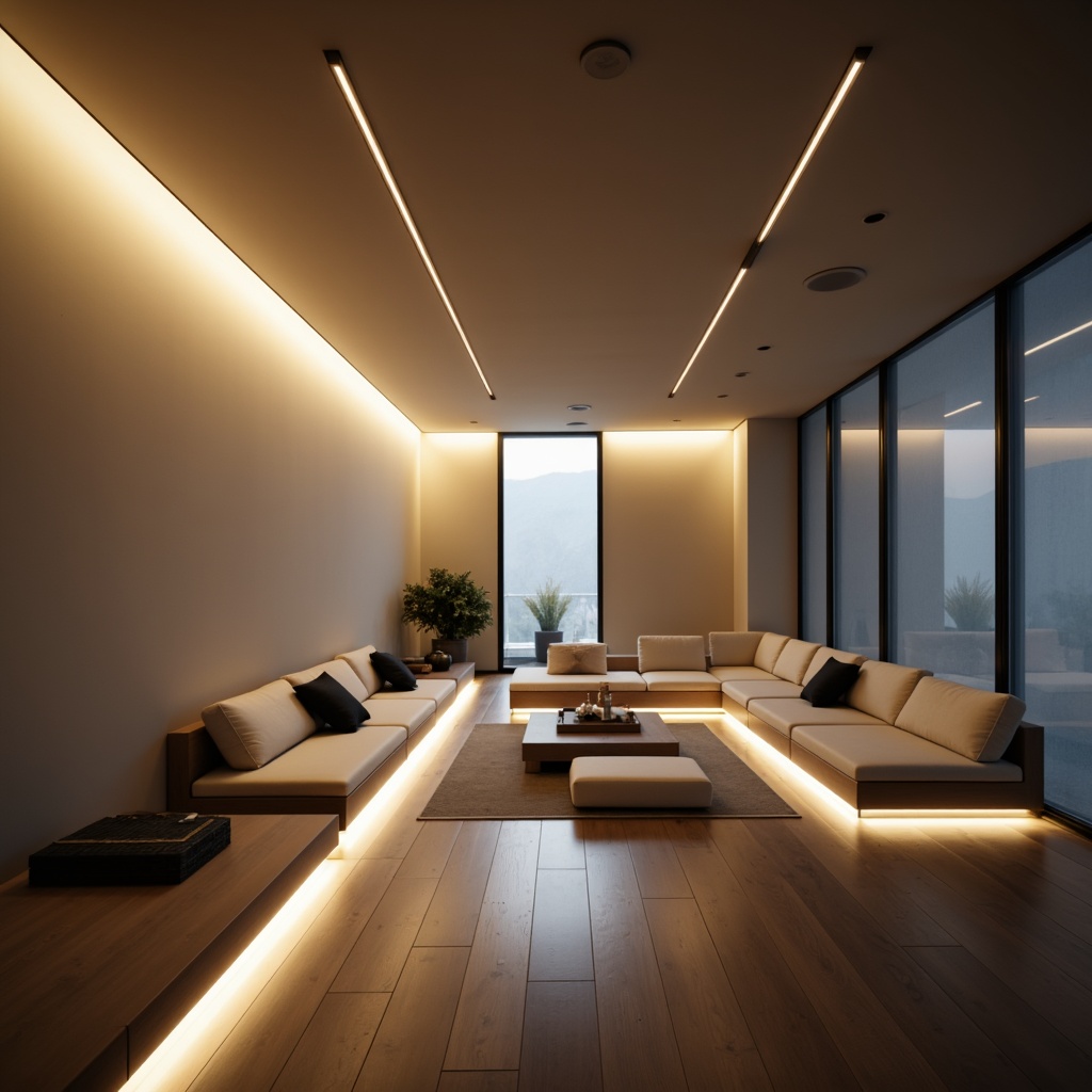 Prompt: Minimalist interior, soft warm glow, recessed lighting, subtle shadows, sleek lines, monochromatic color scheme, matte finishes, sparse furniture arrangement, floor-to-ceiling windows, natural light diffusion, LED strip lights, concealed fixtures, ambient illumination, 1/1 composition, shallow depth of field, realistic textures, soft focus blur.