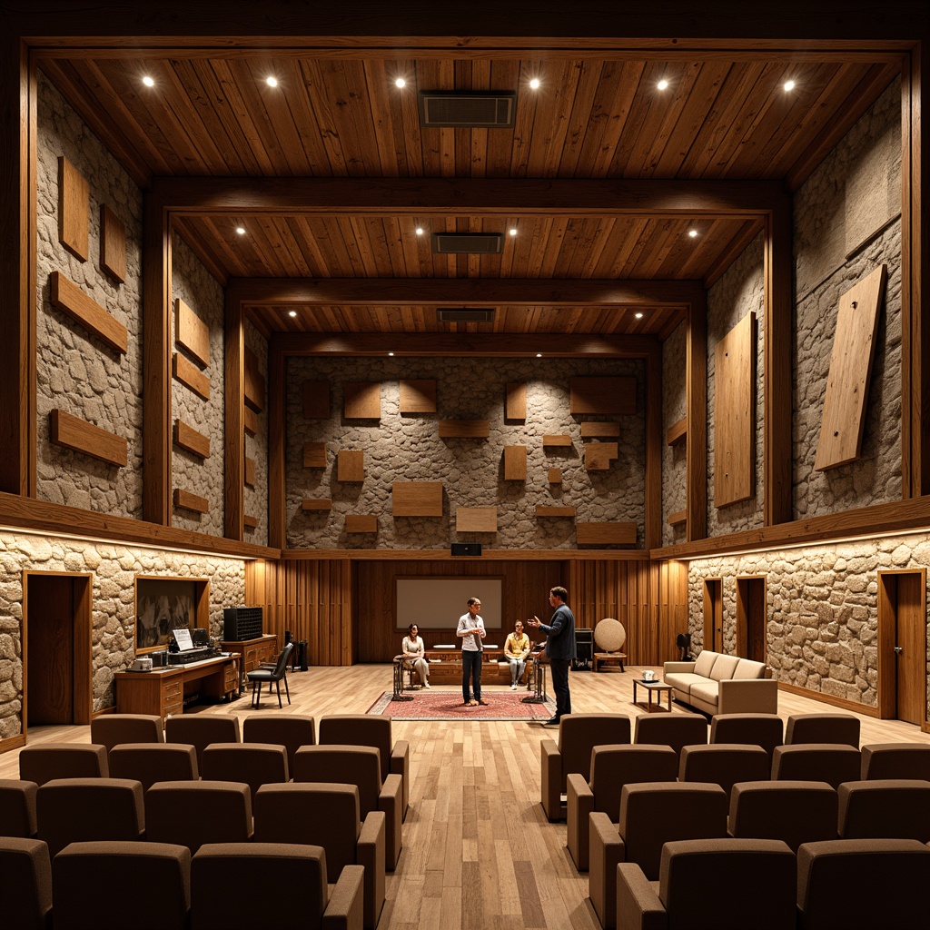 Prompt: Rustic auditorium, wooden beams, stone walls, earthy tones, natural textures, reclaimed wood accents, vintage musical instruments, warm soft lighting, cozy seating areas, sound-absorbing panels, acoustic diffusers, woven fabric upholstery, earthy scent, wooden flooring, intimate performance space, warm ambiance, 1/1 composition, realistic rendering, ambient occlusion.