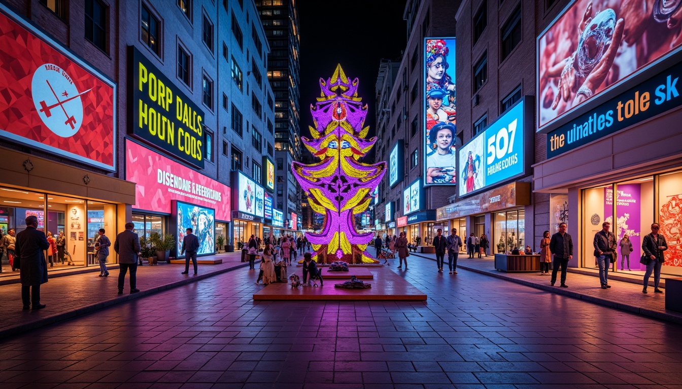 Prompt: Vibrant neon lights, urban cityscape, abstract sculptures, mirrored reflections, kaleidoscope colors, immersive experiences, interactive projections, dynamic patterns, cultural symbols, traditional textiles, eclectic artifacts, reclaimed materials, thought-provoking messages, futuristic ambiance, 360-degree views, shallow depth of field, realistic textures, ambient occlusion.