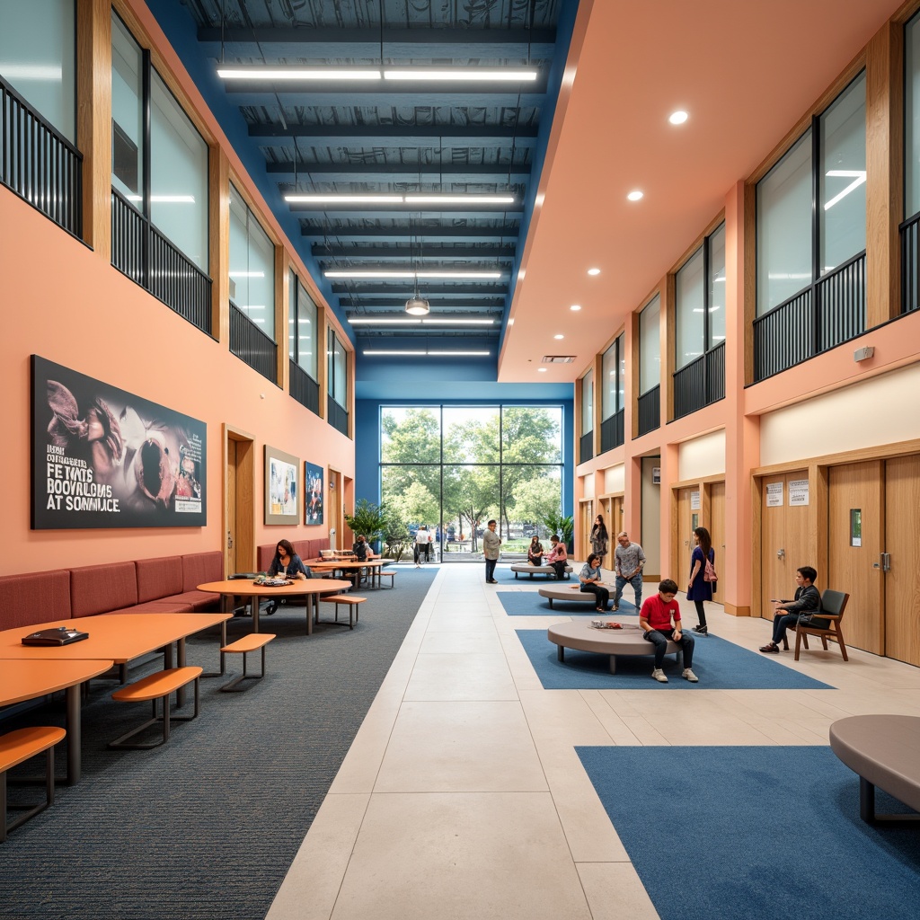 Prompt: Vibrant high school interior, bold accent walls, energetic corridors, dynamic classrooms, motivational quotes, inspirational artwork, youthful furniture, modern lighting fixtures, bright pastel colors, soft peach tones, calming blue hues, stimulating orange shades, natural wood accents, textured carpets, patterned rugs, collaborative open spaces, flexible seating arrangements, technology-integrated learning areas, futuristic laboratory settings, eco-friendly materials, abundant natural light, warm atmospheric ambiance, shallow depth of field, 1/1 composition, realistic textures, ambient occlusion.