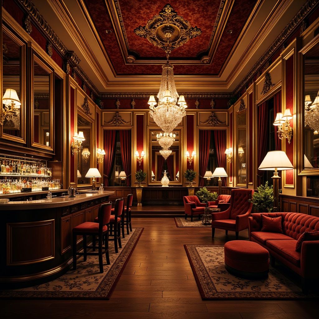 Prompt: Ornate bar interior, lavish golden accents, rich velvet fabrics, intricate carvings, ornamental mirrors, luxurious crystal chandeliers, curvy wooden furniture, plush sofas, tufted upholstery, gilded frames, opulent marble countertops, grandiose columns, dramatic drapery, warm candlelight, low-key backlighting, 1/2 composition, shallow depth of field, soft focus, romantic atmosphere.