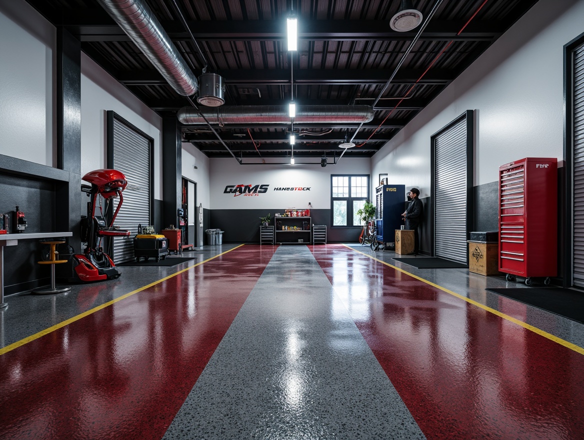 Prompt: Industrial-style garage, epoxy-coated floors, glossy finish, chemical-resistant surfaces, textured patterns, slip-resistant materials, durable concrete foundations, modern LED lighting, sleek metallic doors, organized tool storage, automotive-inspired decor, vibrant color schemes, high-contrast graphics, dramatic shadows, 1/1 composition, softbox lighting, realistic reflections.