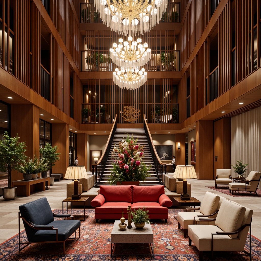 Prompt: Luxurious hotel lobby, opulent chandeliers, rich wood paneling, plush velvet sofas, ornate metallic accents, grand staircase, lavish rugs, sophisticated color palette, intricate patterns, premium leather armchairs, elegant coffee tables, refined marble floors, crystal glass vases, vibrant floral arrangements, warm atmospheric lighting, high ceilings, dramatic drapery, 1/1 composition, shallow depth of field, softbox lighting, realistic textures.