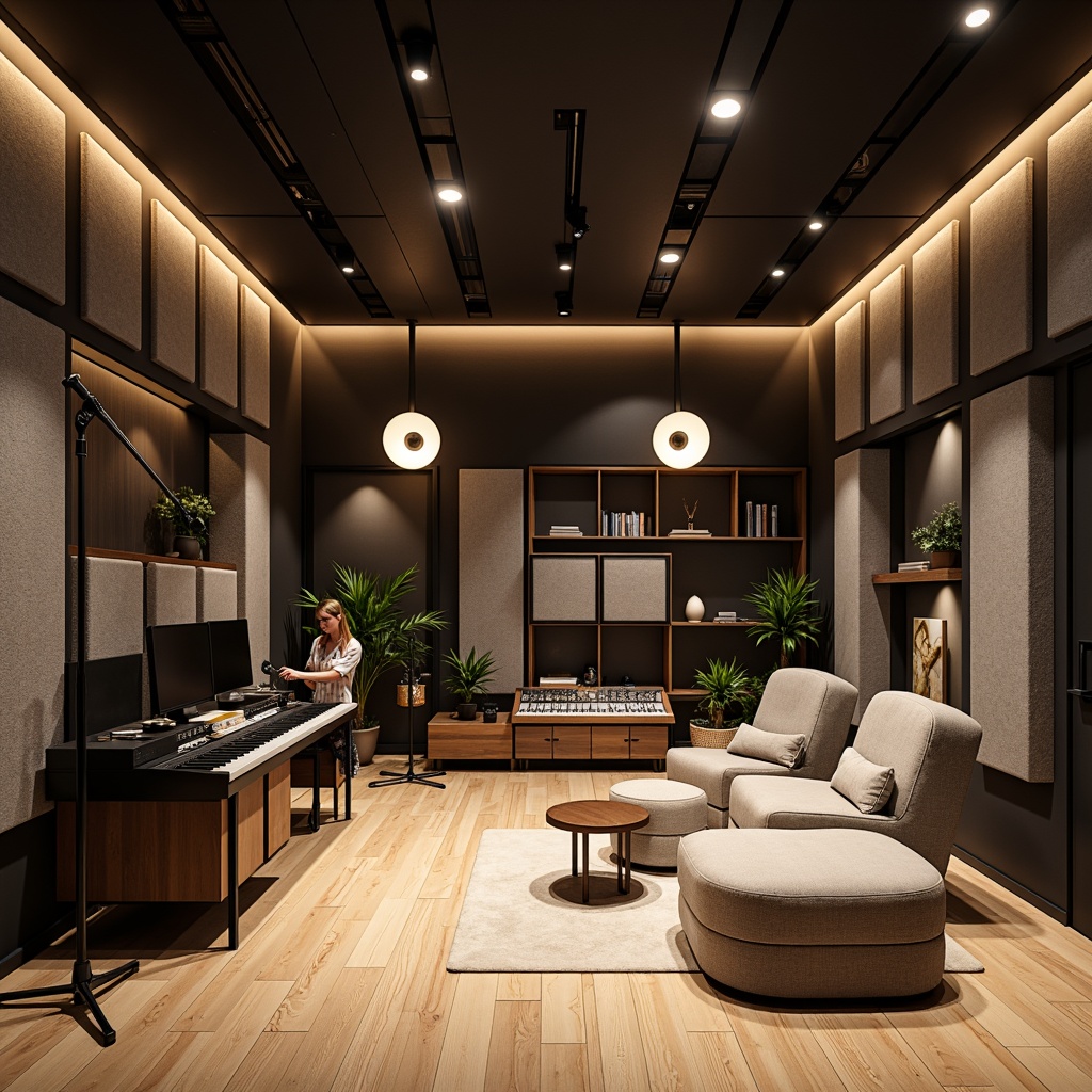 Prompt: Modern recording studio, soundproofed walls, acoustic panels, diffused sound waves, reduced echo, minimized reverberation, optimal sound quality, wooden flooring, professional audio equipment, microphone stands, soundboards, comfortable seating area, dimmable LED lighting, 1/1 composition, softbox photography, subtle shadows, realistic textures.