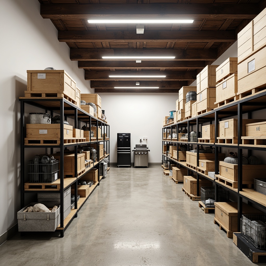 Prompt: Cozy storage room, industrial shelving units, metal racks, wooden crates, plastic bins, concrete floors, white walls, fluorescent lighting, functional decor, organized layouts, easy accessibility, secure storage solutions, durable materials, water-resistant finishes, pest control measures, climate-controlled environments, dehumidifying systems, rust-proof metals, reinforced doors, advanced security cameras, motion sensors, alarm systems.