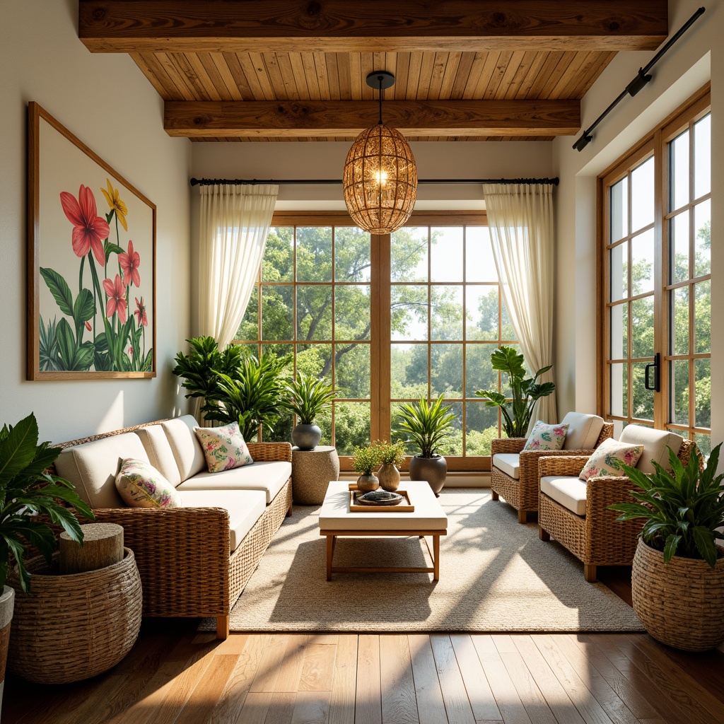 Prompt: Cozy sunroom, warm natural light, lush greenery, wicker furniture, plush cushions, vibrant floral patterns, soft pastel colors, elegant chandeliers, sheer curtains, sliding glass doors, polished wood floors, tropical plants, decorative vases, colorful ceramics, woven baskets, rattan accents, nature-inspired artwork, serene ambiance, warm beige tones, inviting textiles, 1/1 composition, intimate close-up shots, softbox lighting, subtle shadows.