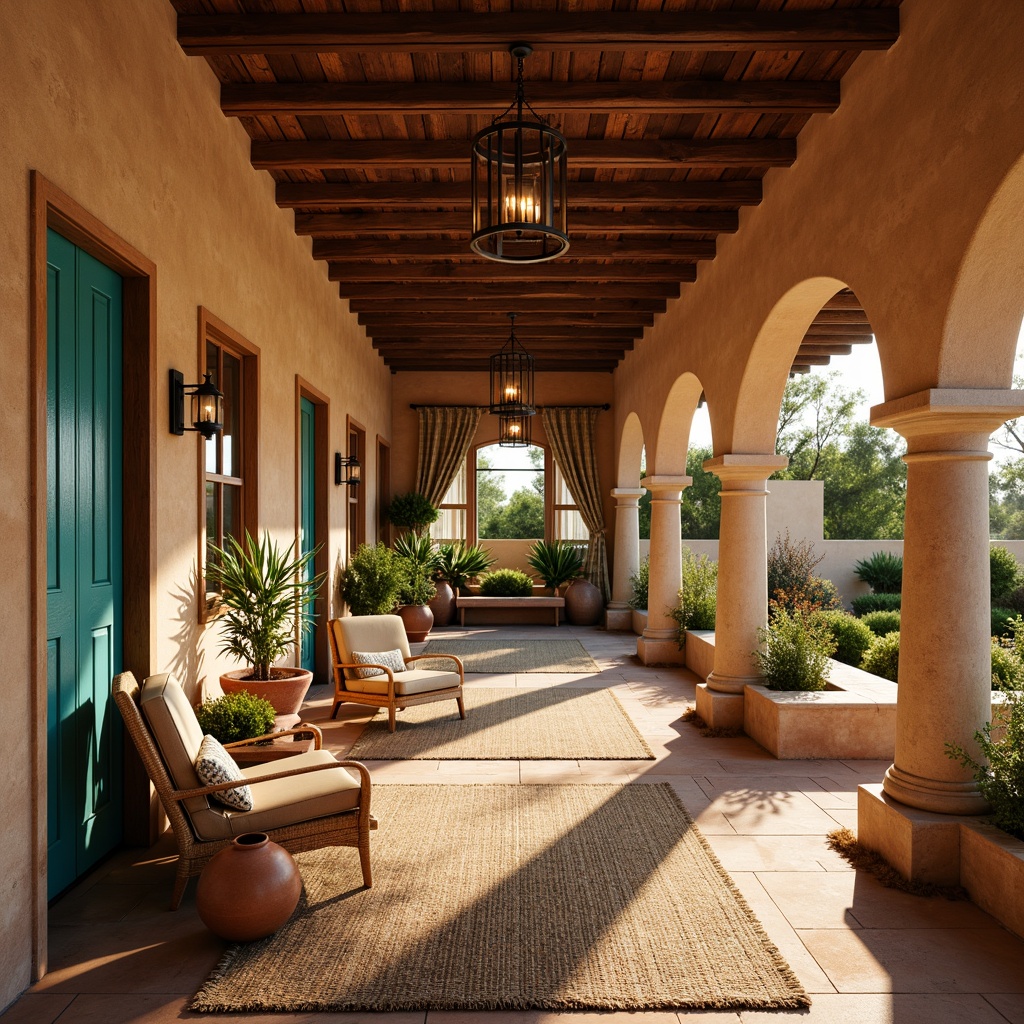 Prompt: Southwestern-style hall, rustic wooden beams, earthy tone walls, vibrant turquoise accents, woven textiles, natural fiber rugs, pendant lanterns, wrought iron chandeliers, candlelight sconces, distressed metal fixtures, warm golden lighting, cozy ambiance, layered window treatments, flowing drapery, Spanish-inspired archways, terra cotta pottery, desert botanicals, sunny afternoon, soft warm glow, 1/2 composition, realistic textures.