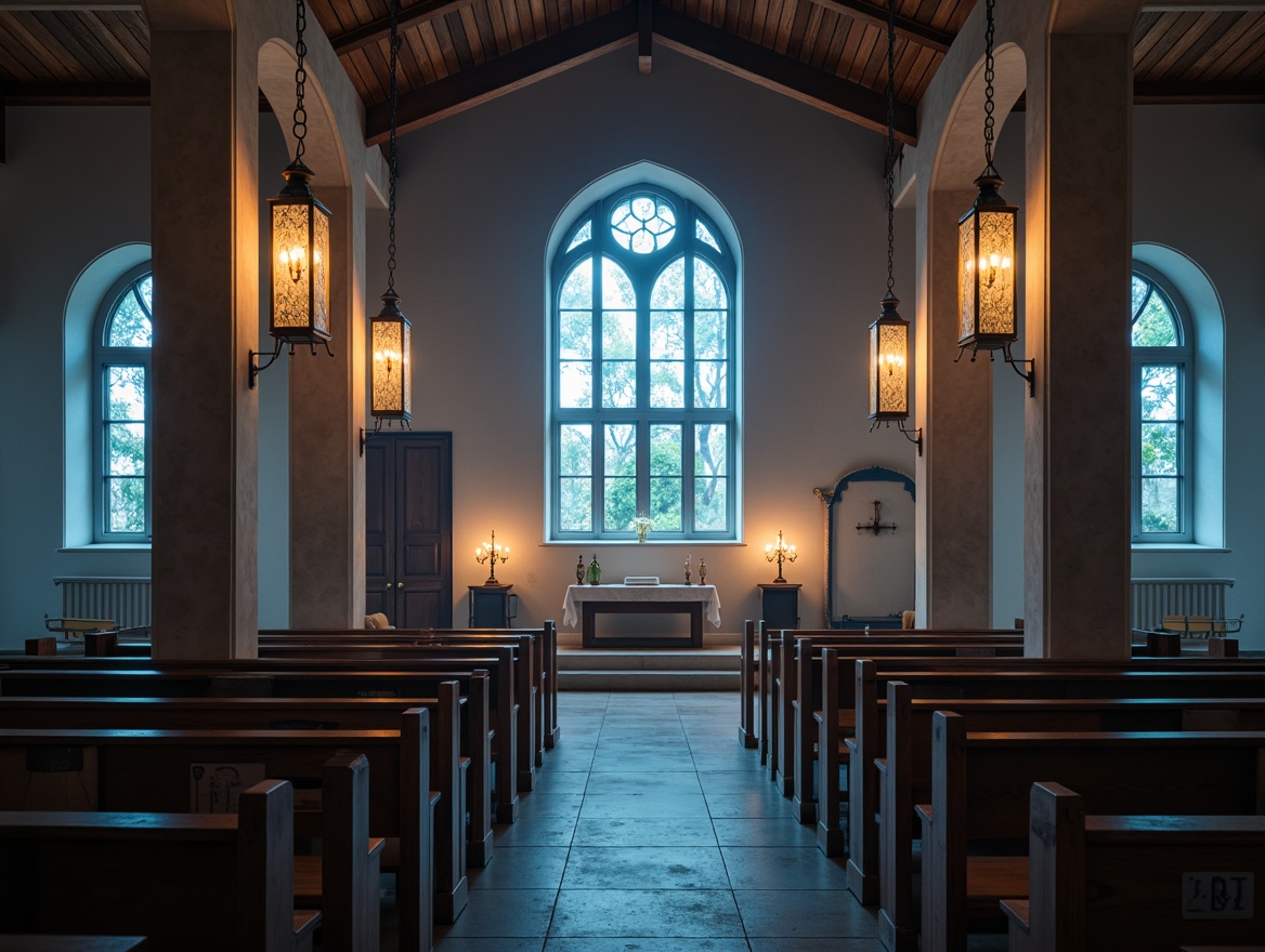 Prompt: Ethereal chapel interior, soft warm ambient lighting, stained glass windows, ornate chandeliers, lantern-style fixtures, natural stone walls, vaulted ceilings, serene atmosphere, minimalist decor, subtle color palette, calming blue hues, gentle candlelight, LED strip lights, indirect illumination, layered lighting effects, 1/2 composition, shallow depth of field, realistic textures, ambient occlusion.