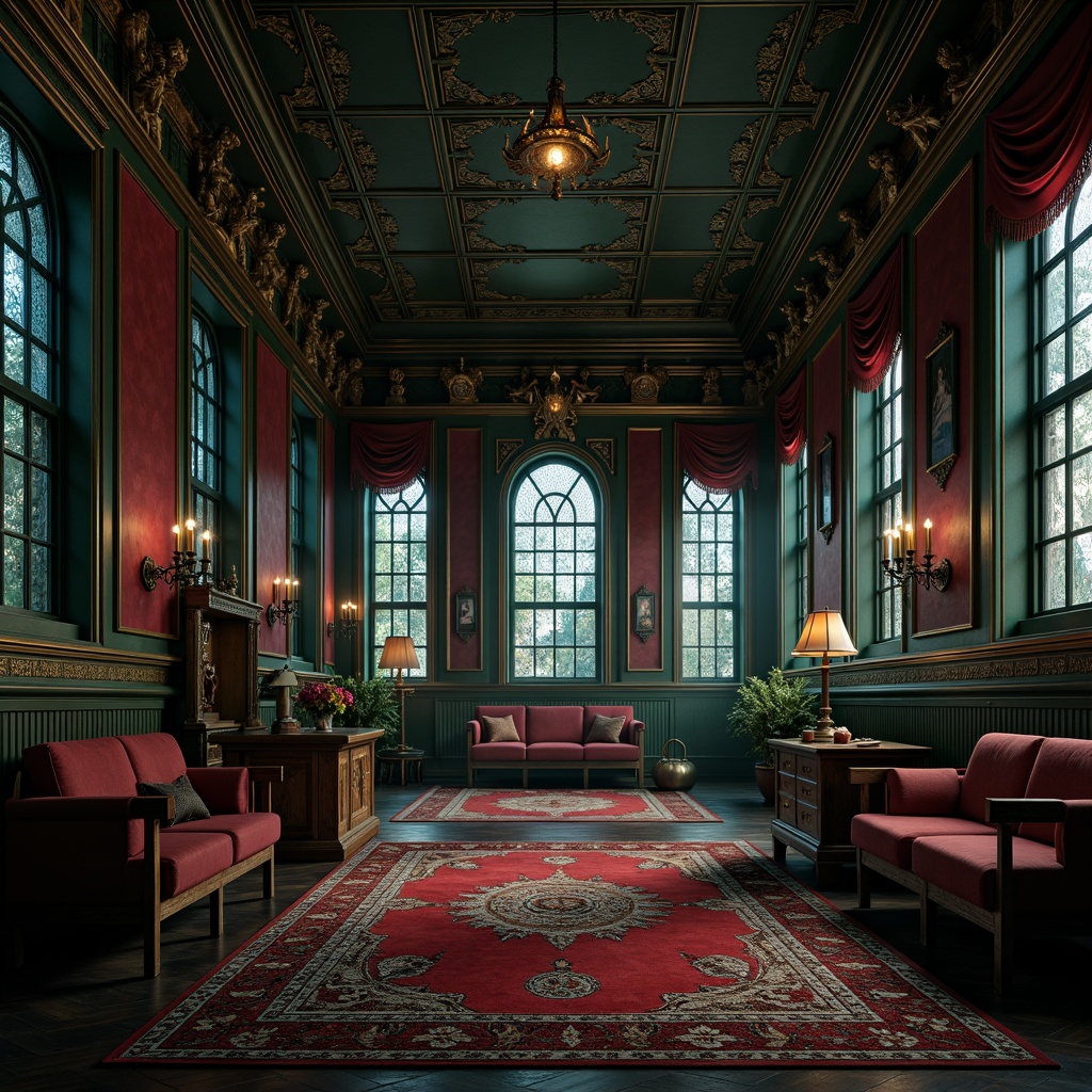 Prompt: Dark mysterious atmosphere, rich jewel tones, emerald green walls, crimson red accents, navy blue ceilings, ornate gold details, luxurious velvet fabrics, intricate stone carvings, grandiose wooden furniture, dramatic lighting effects, stained glass windows, mystical ambiance, ancient relics, medieval-inspired patterns, mysterious shadows, warm candlelight, 1/1 composition, symmetrical framing, high contrast ratio, cinematic mood.