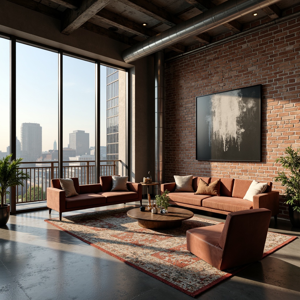 Prompt: Luxurious penthouse interior, industrial chic decor, exposed brick walls, polished concrete floors, metal beams, reclaimed wood accents, sleek steel fixtures, modern minimalist furniture, urban loft atmosphere, abundant natural light, floor-to-ceiling windows, cityscape views, sophisticated color palette, rich textiles, velvet sofas, metallic tones, Edison bulb lighting, industrial-style piping, distressed finishes, abstract artwork, geometric patterns, luxurious fabrics, sumptuous rugs, atmospheric shadows, cinematic lighting, 1/1 composition, realistic reflections.