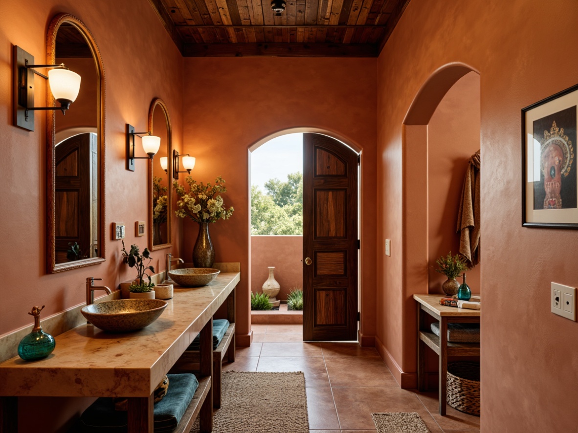 Prompt: Southwestern powder room, warm terracotta walls, rustic wooden accents, turquoise glass accessories, woven textiles, natural fiber rugs, earthy scent, soft warm lighting, shallow depth of field, 1/2 composition, intimate atmosphere, warm beige marble countertops, decorative Talavera pottery, vibrant geometric patterns, distressed wood furniture, desert botanicals, ambient occlusion.