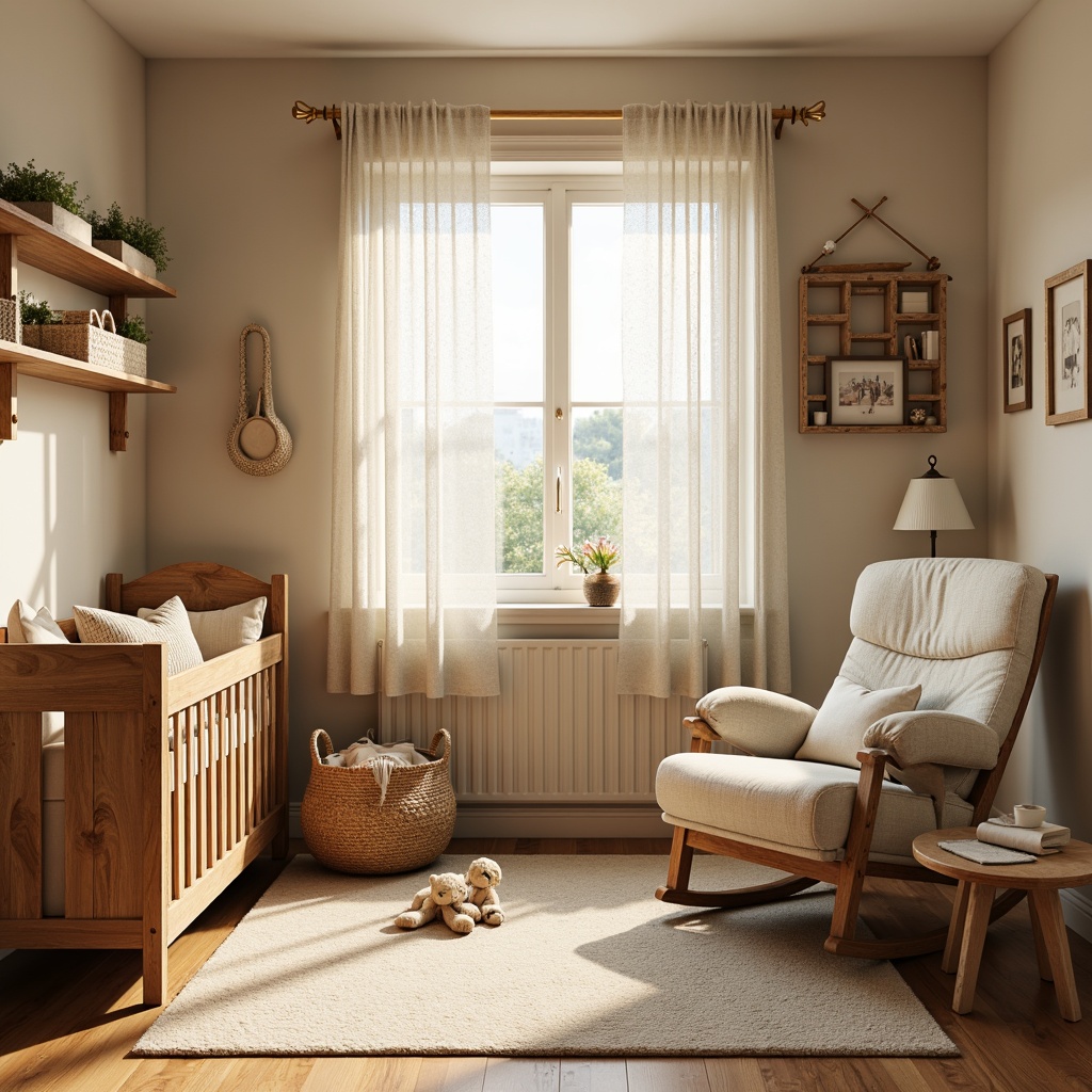 Prompt: Cozy baby room, vernacular style, warm beige walls, natural wood crib, soft plush toys, gentle pastel colors, vintage-inspired furniture, distressed wood accents, floral patterned curtains, woven baskets, comfortable glider rocker, white cotton drapes, rustic wooden shelves, framed family photos, warm golden lighting, shallow depth of field, 1/2 composition, intimate atmosphere, realistic textures.