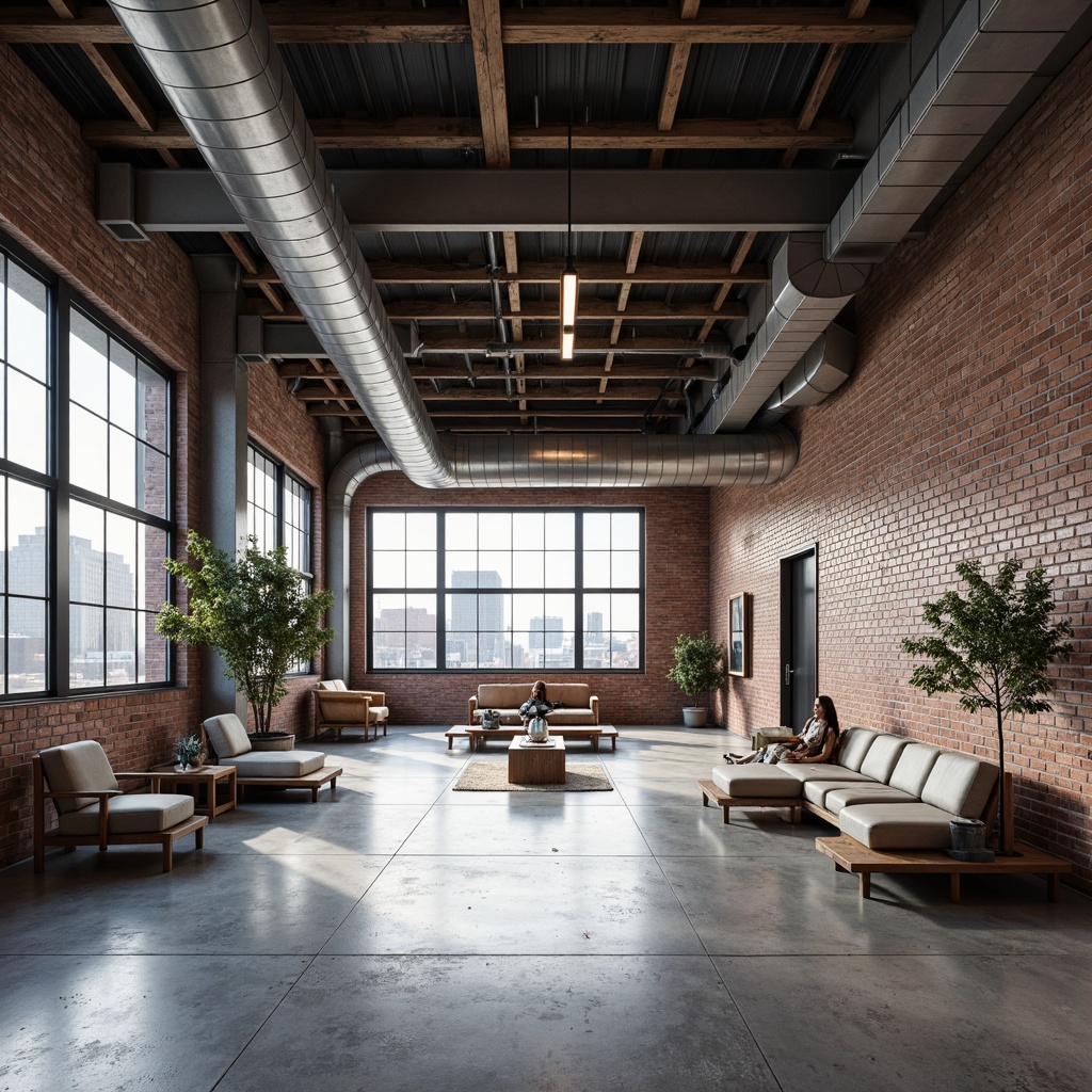 Prompt: Exposed ductwork, concrete floors, industrial pipes, metal beams, reclaimed wood accents, raw brick walls, urban landscape views, functional minimalism, neutral color palette, distressed textures, metallic sheen, brutalist architecture, converted warehouse space, high ceilings, open floor plans, natural light pouring in, gritty urban atmosphere, rough-hewn wooden furniture, steel-framed windows, industrial-style lighting fixtures, monochromatic color scheme.