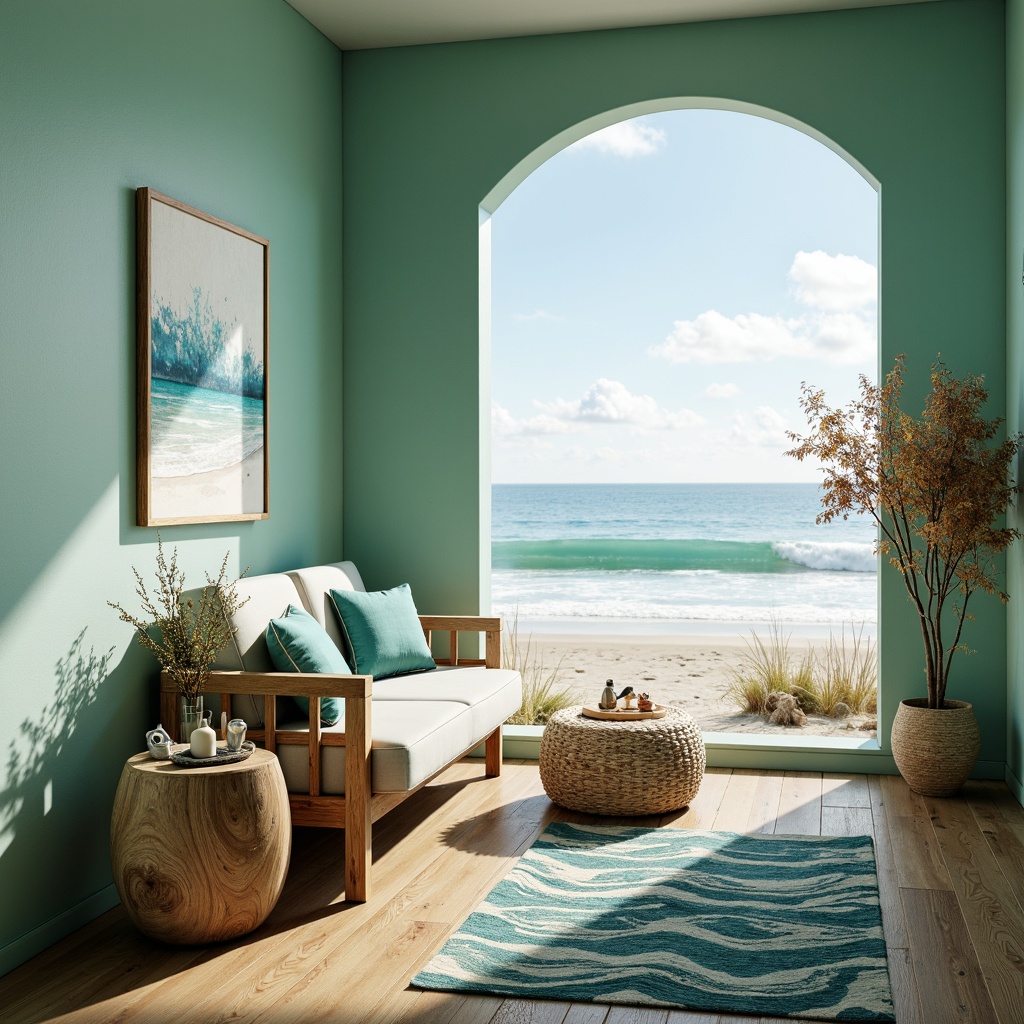 Prompt: Calming ocean views, soothing seafoam green walls, driftwood furniture, coral-inspired patterns, wavy lines, ocean-blue accents, seashell decorations, natural textiles, sandy beige floors, coastal-themed artwork, minimal ornamentation, soft warm lighting, 1/1 composition, shallow depth of field, realistic wave simulations, serene ambiance, beachy vibe.