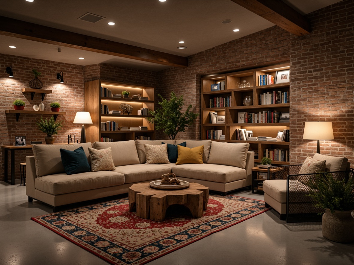 Prompt: Cozy basement, warm ambient lighting, plush sectional sofas, reclaimed wood coffee tables, industrial metal chairs, vintage decor accents, exposed brick walls, polished concrete floors, modern minimalist shelves, geometric patterned rugs, soft warm textiles, comfortable reading nooks, floor lamps, 3/4 composition, shallow depth of field, realistic textures, ambient occlusion.