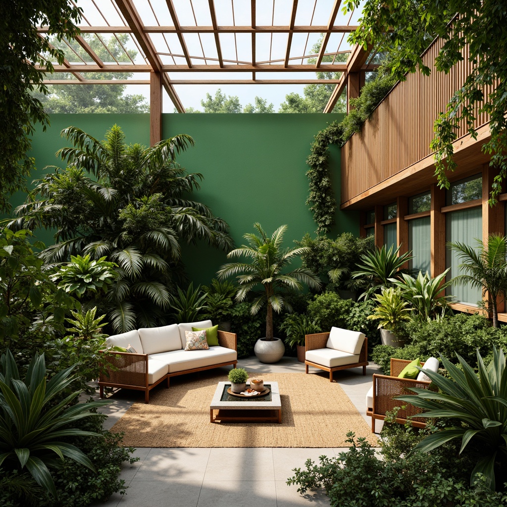 Prompt: Tropical greenhouse interior, lush green walls, exotic plants, natural wood accents, rattan furniture, woven textiles, earthy color palette, organic shapes, modern minimalist design, sustainable materials, recycled glass tables, living walls, hydroponic systems, misting irrigation, warm soft lighting, shallow depth of field, 1/1 composition, realistic textures, ambient occlusion.