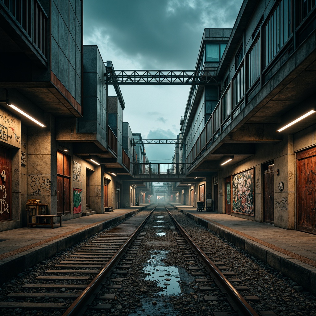 Prompt: Gritty train station, industrial architecture, exposed concrete, rugged stone walls, metallic beams, rusty rail tracks, urban cityscape, moody overcast skies, dramatic shadows, high-contrast lighting, bold color palette, deep blues, rich greens, earthy tones, weathered steel accents, distressed wood textures, brutalist aesthetics, geometric patterns, abstract graffiti, urban decay, atmospheric mist, cinematic mood, 3/4 composition, low-angle shot, realistic materials, ambient occlusion.