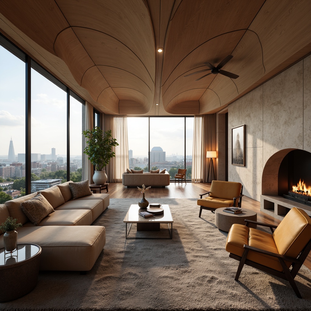 Prompt: Elegant living room, sweeping curved lines, velvety soft furnishings, rich wood accents, natural stone walls, floor-to-ceiling windows, panoramic city views, warm ambient lighting, cozy reading nooks, plush area rugs, organic shapes, flowing drapery, subtle color palette, minimalist decor, metallic accents, abstract artwork, smooth rounded edges, 1/2 composition, soft focus, shallow depth of field.