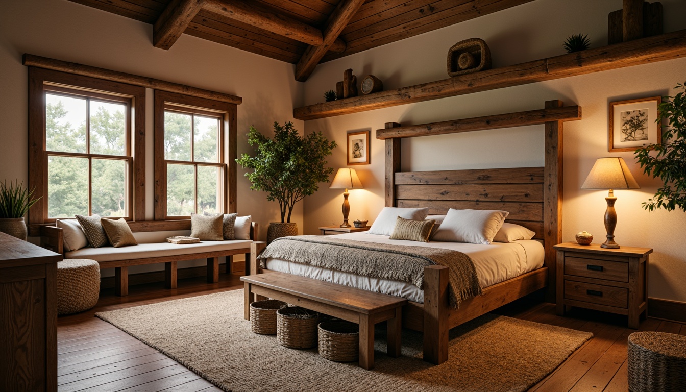 Prompt: Rustic bedroom, wooden accents, natural textures, earthy tones, craftsman-style furniture, solid wood bed frame, wooden headboard, oak wood flooring, plush area rug, warm ambient lighting, table lamps, woven baskets, vintage decorative items, earthy color palette, natural materials, handcrafted wooden decor, wooden wall paneling, reclaimed wood, cozy reading nook, comfortable seating, soft blankets, warm beige walls, 1/1 composition, soft focus, realistic textures.