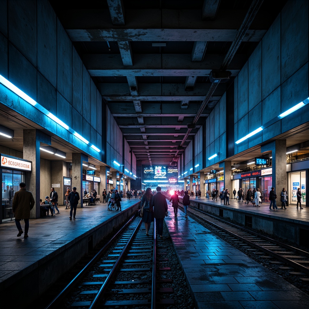 Prompt: Exposed concrete beams, industrial metal framework, raw brutalist architecture, train tracks, railway platforms, modernized signage, vibrant LED lighting, futuristic luminescent strips, neon accents, urban cityscape, rush hour atmosphere, busy pedestrian traffic, dimly lit tunnels, harsh shadows, dramatic light contrast, high-contrast ratio, cinematic composition, 2.35