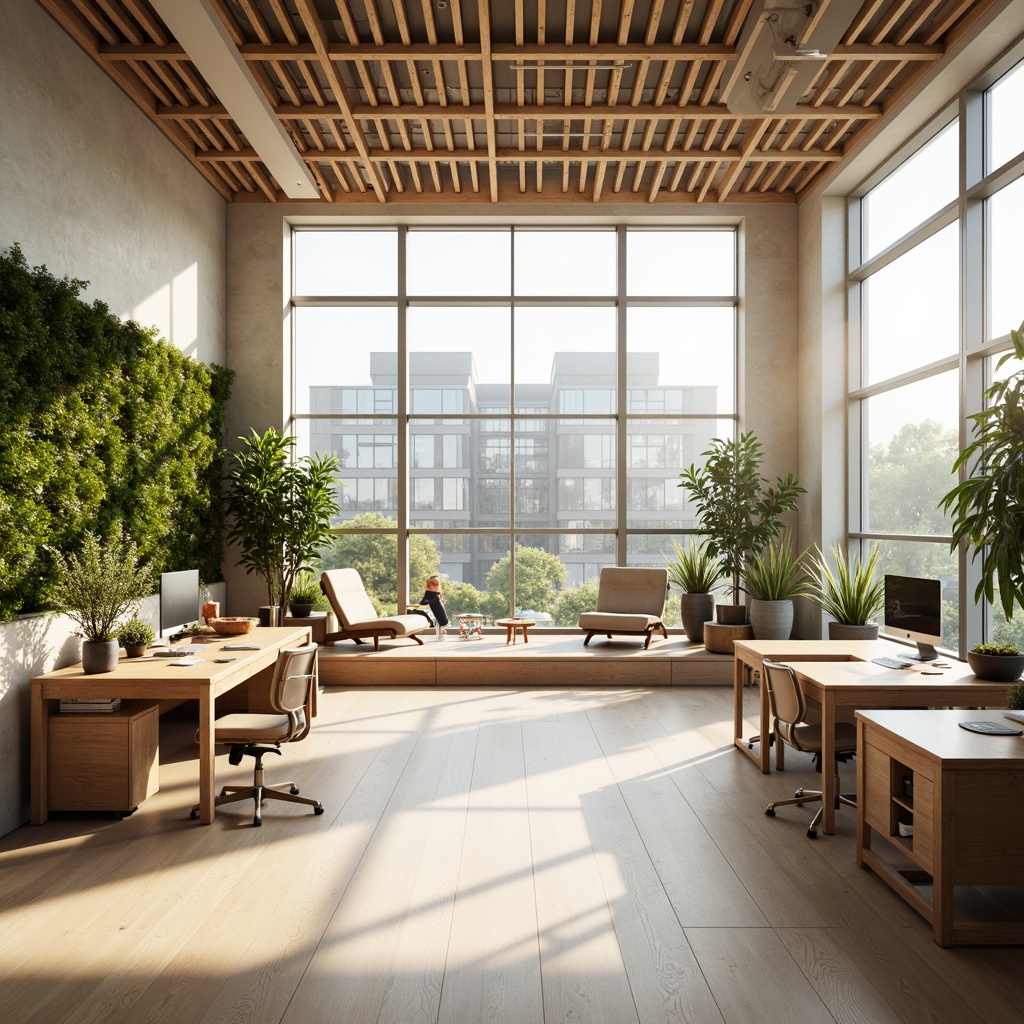 Prompt: Bright Scandinavian office, minimalist decor, light wood accents, floor-to-ceiling windows, natural light pouring in, Nordic-inspired furniture, ergonomic chairs, sleek desks, greenery walls, living plants, calming atmosphere, soft warm lighting, shallow depth of field, 3/4 composition, panoramic view, realistic textures, ambient occlusion.