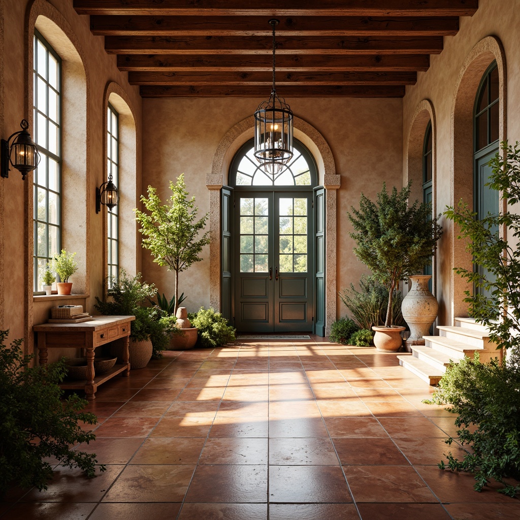 Prompt: Warm Mediterranean gymnasium, terracotta flooring, earthy tones, rustic wooden accents, arched windows, ornate ironwork, decorative ceramics, vibrant turquoise hues, lush greenery, natural stone walls, curved staircases, grand chandeliers, soft warm lighting, atmospheric shading, 1/1 composition, realistic textures, ambient occlusion.